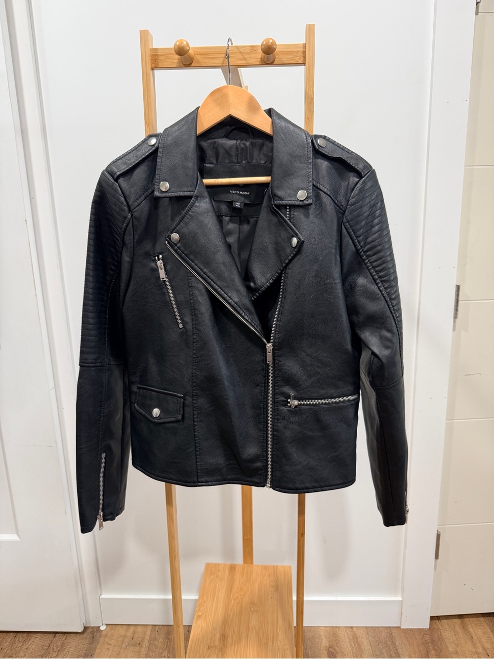 Vero Moda Black Faux Leather Moto Jacket with Quilted Shoulders